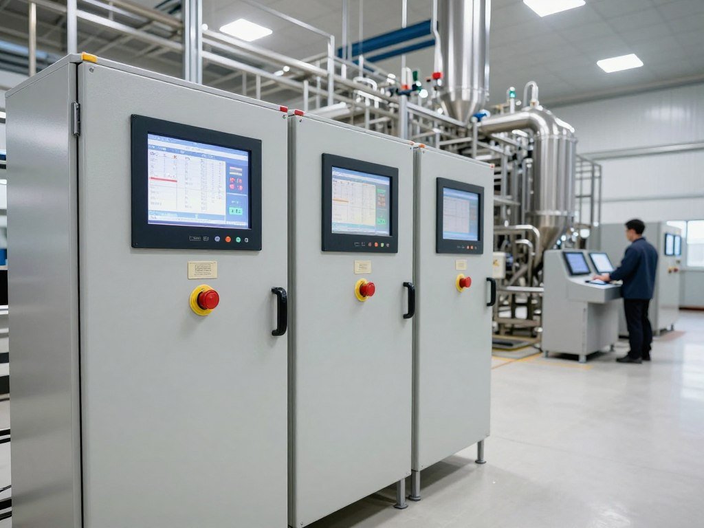 poultry feed production line manufacturer control panel showing digital displays and automated operation interface