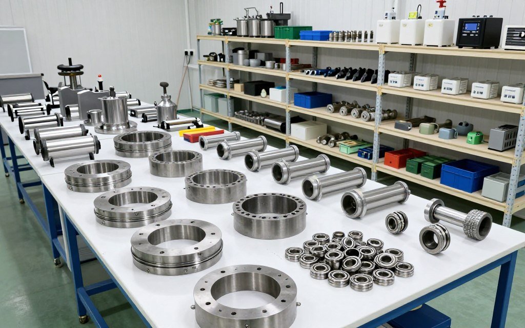 poultry feed production line spare parts and maintenance tools organized in technical service workshop
