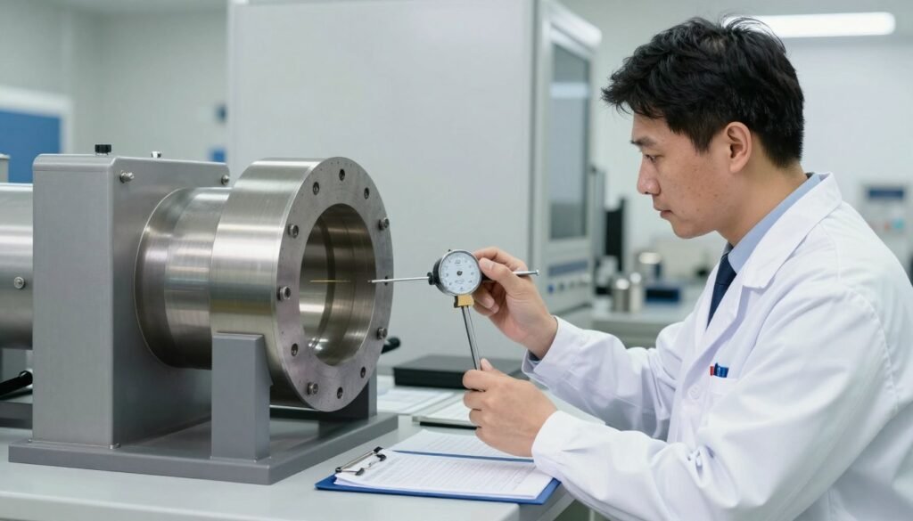 quality control inspection of poultry feed production line components showing manufacturing excellence and attention to detail