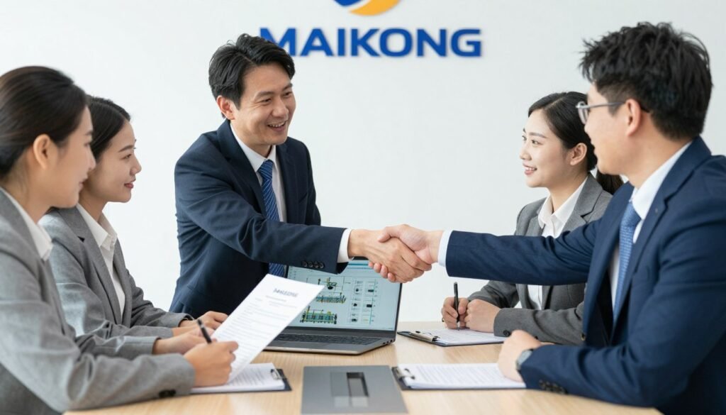 successful feed equipment distributor meeting with MAIKONG representatives discussing partnership opportunities