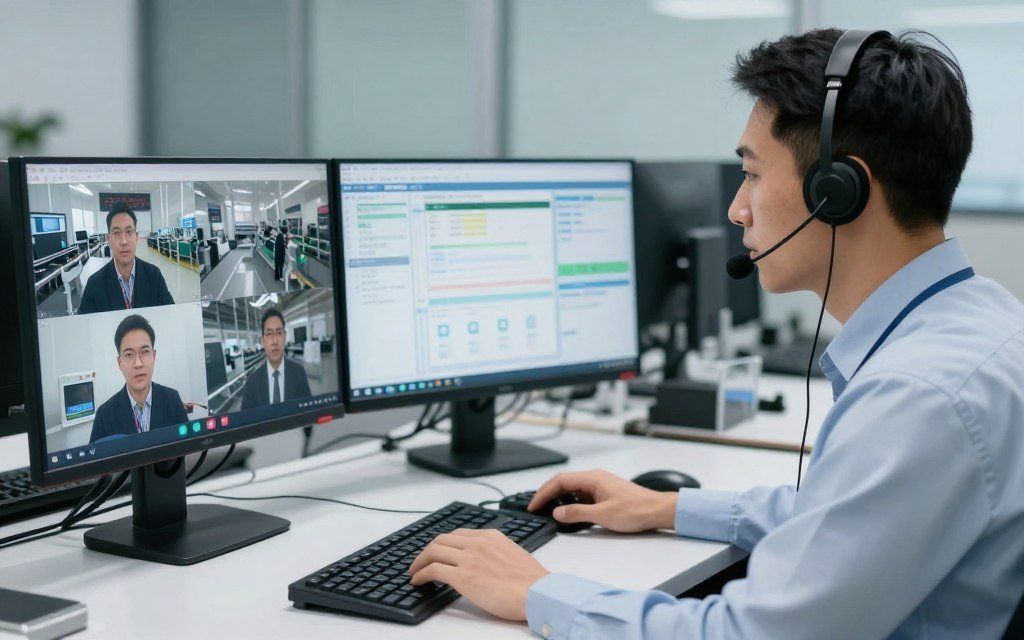 technical support engineer providing remote diagnostic assistance for poultry feed production line showing professional customer service