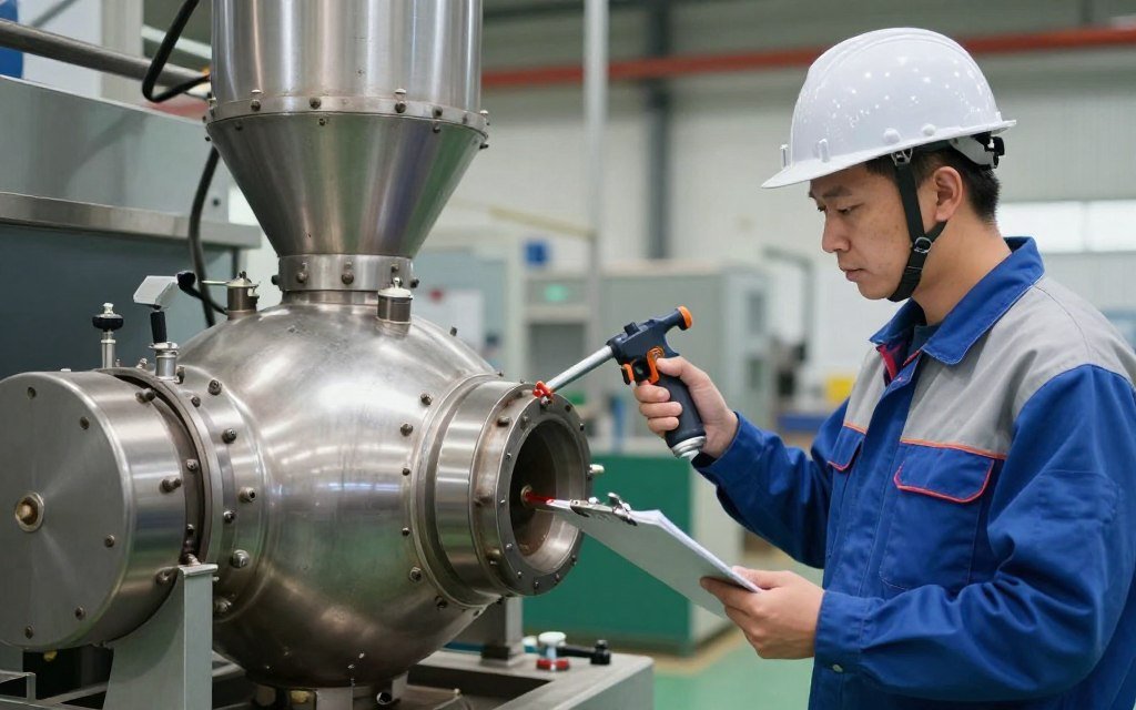 technician performing maintenance on biomass pellet production line lubrication points inspection