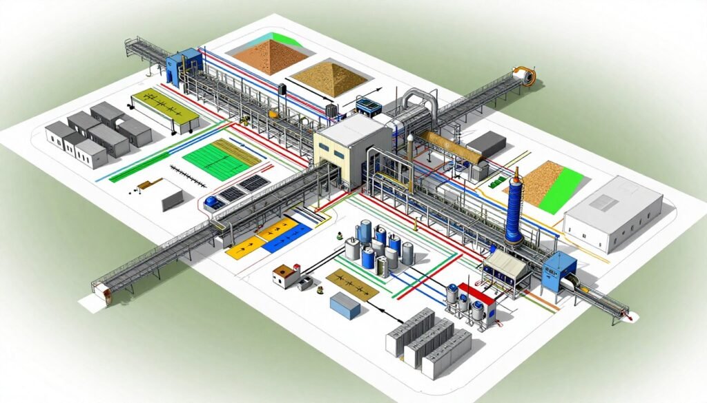 3D layout plan of biomass pellet production line in UK feed facility