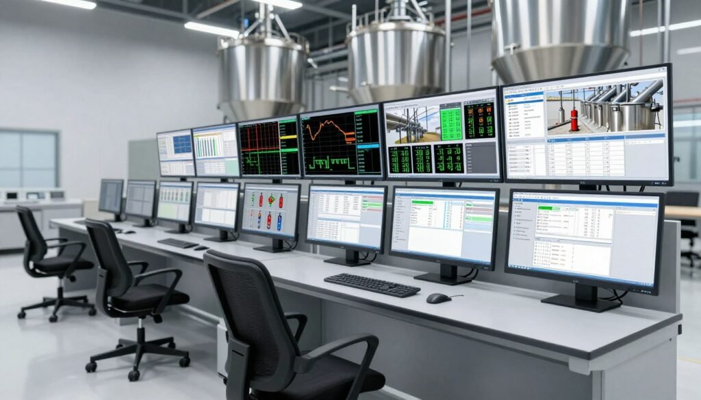 Automated feed production line control room with multiple monitoring screens Automated feed production line control room with multiple monitoring screens