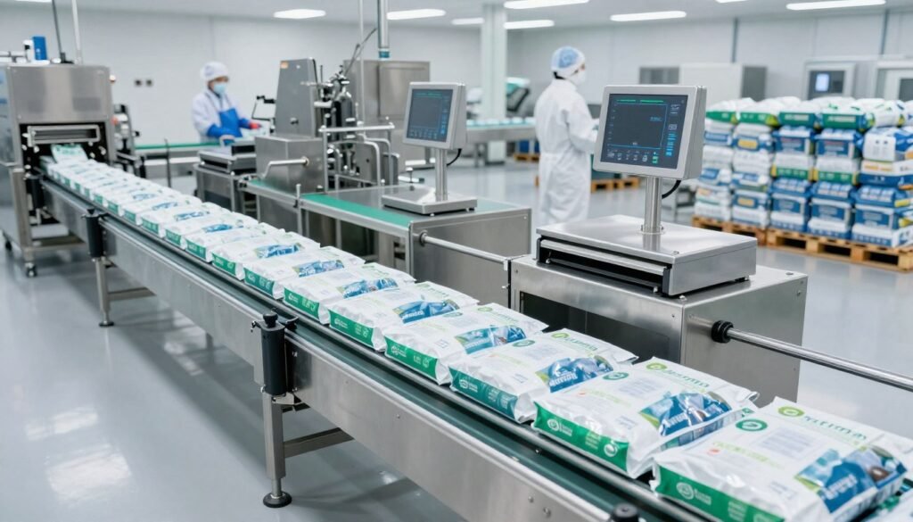 Automated fish feed packaging line with branded bags