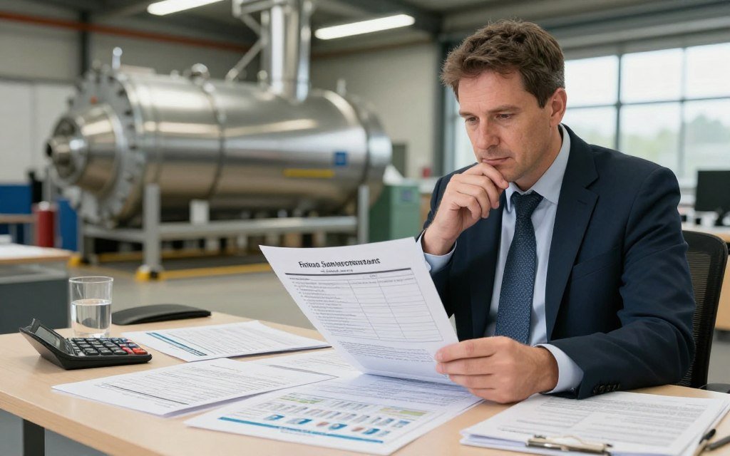 British farm manager reviewing biomass pellet production line proposals