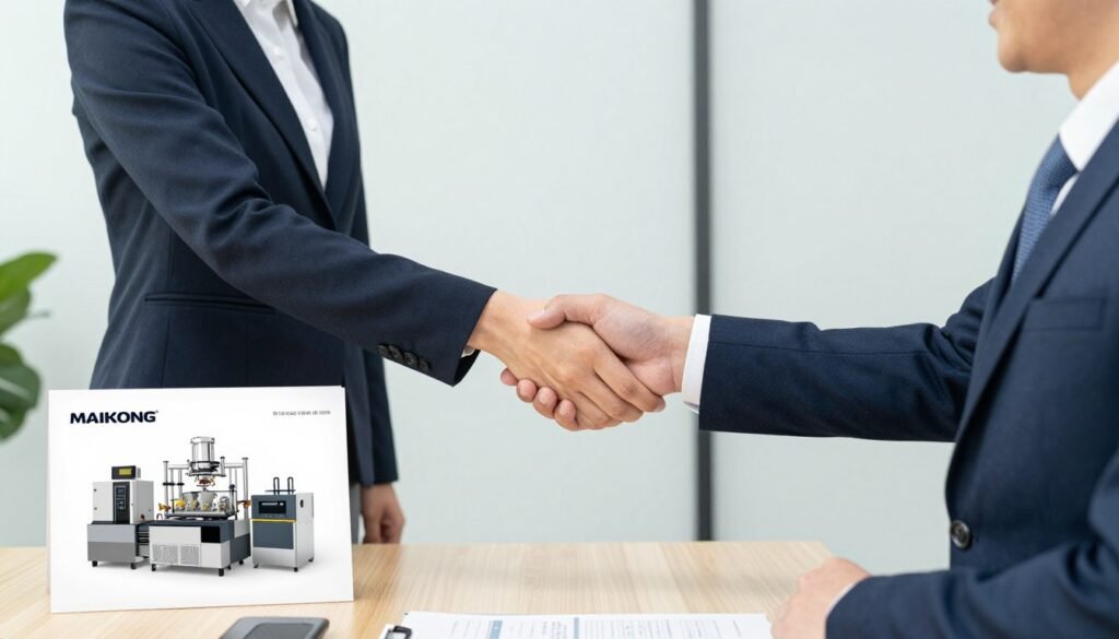 Business handshake representing MAIKONG distributor partnership agreement Business handshake representing MAIKONG distributor partnership agreement