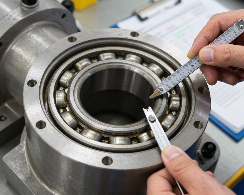 Close-up of pellet mill bearing housing during maintenance inspection showing wear patterns