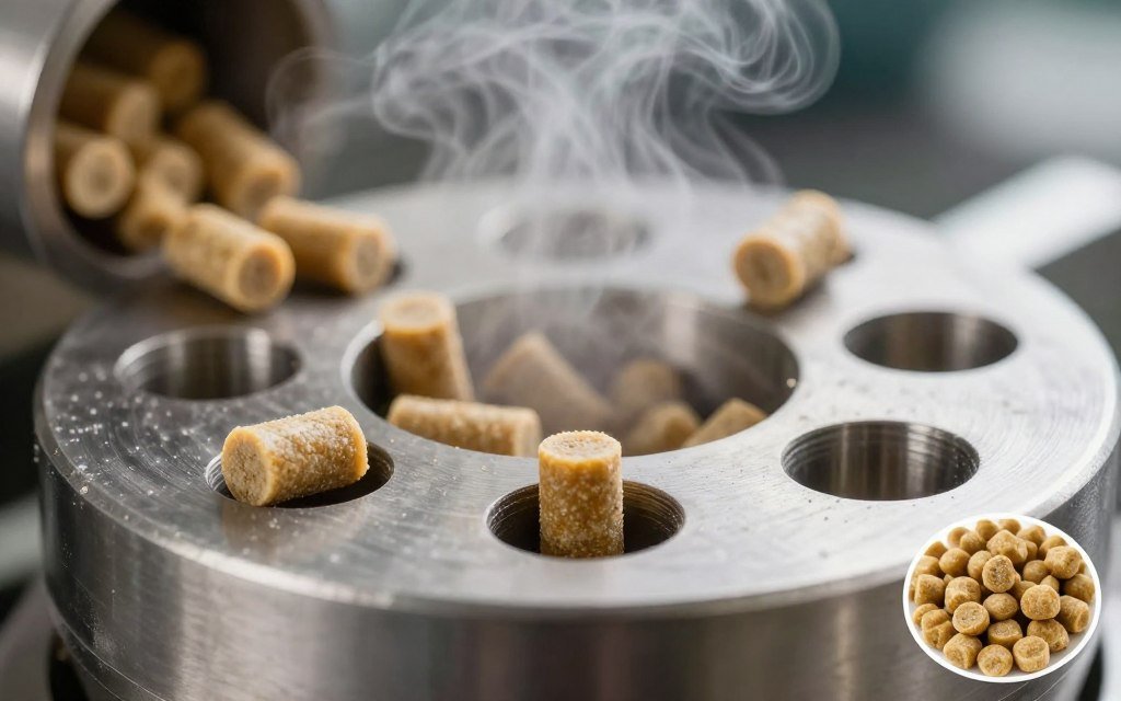 Close-up of ring die pellet mill in operation showing pellets being extruded through die holes Close-up of ring die pellet mill in operation showing pellets being extruded through die holes