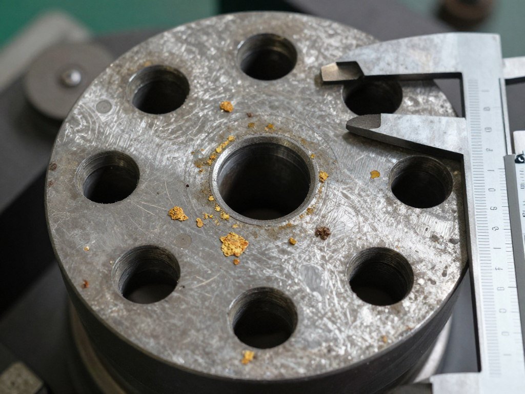 Close-up of worn pellet mill die showing damaged holes