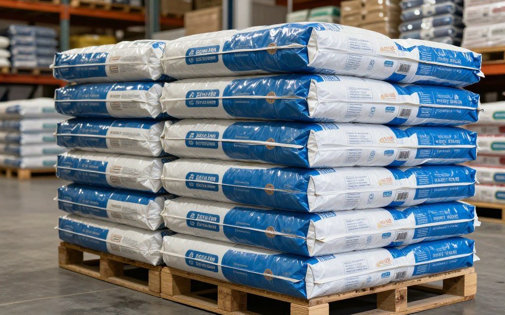 Commercial fish feed bags stacked in warehouse