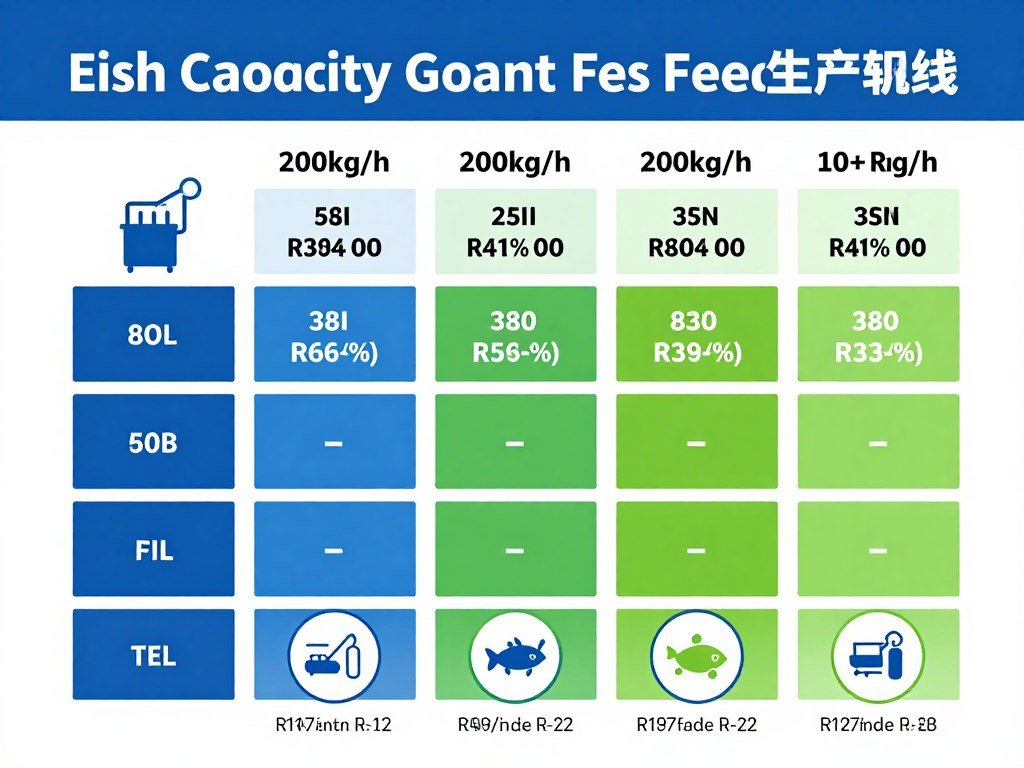 Comparison chart showing different capacity tiers of fish feed pellet production lines
