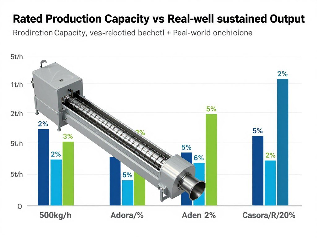 Comparison chart showing rated capacity versus actual sustained output for fish feed pellet production lines