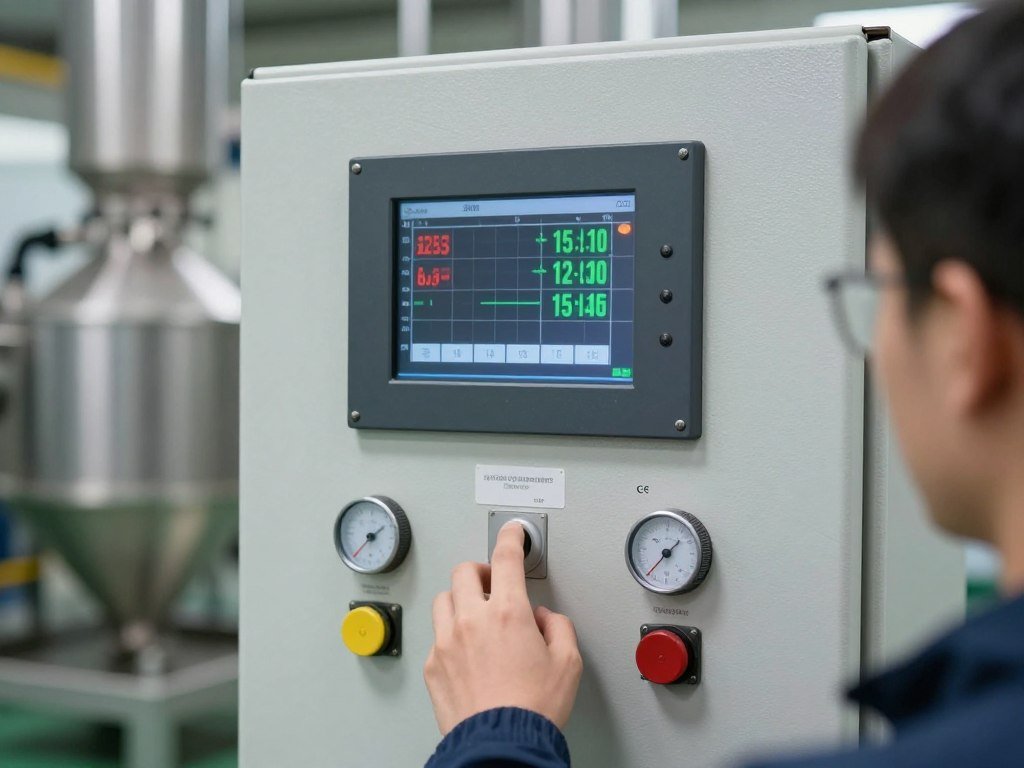 Control panel of pellet production line showing two-shift operation schedule