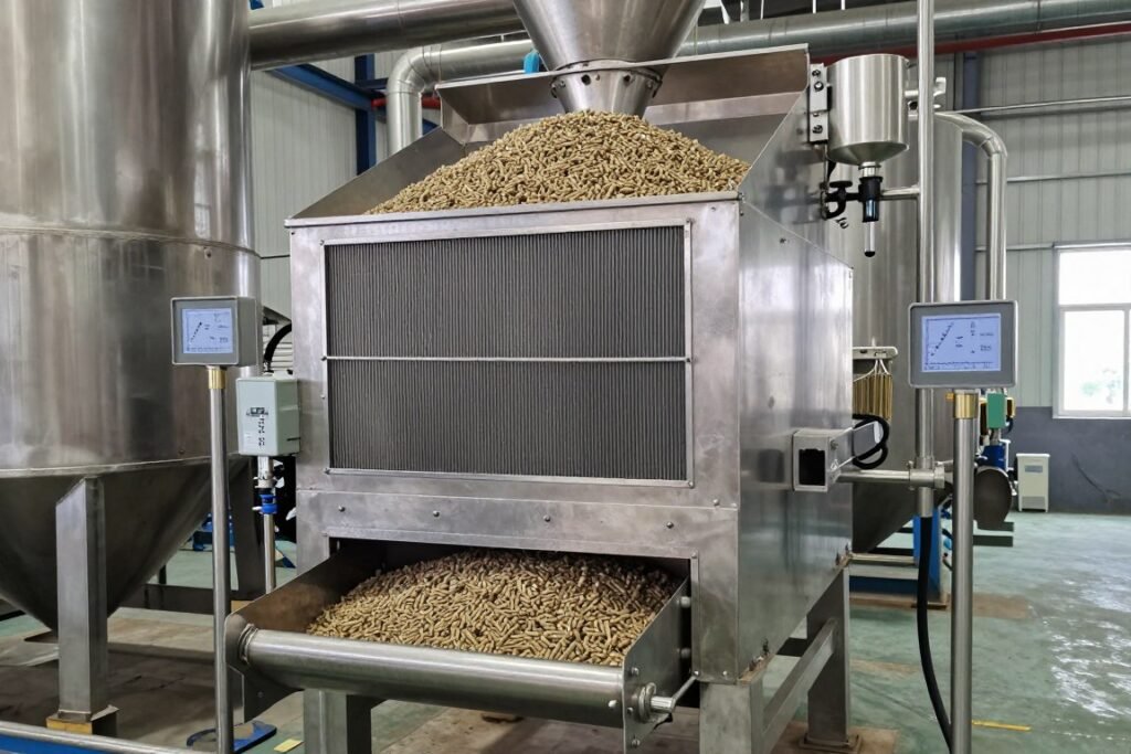 Counterflow pellet cooler in operation