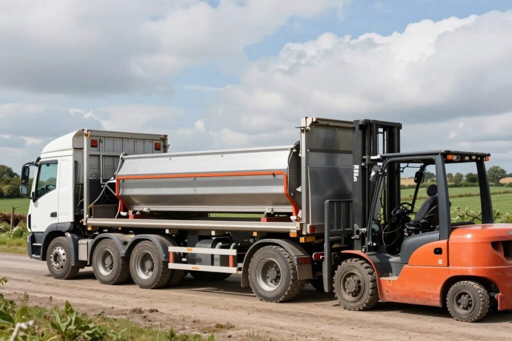 Delivery truck with feed production equipment at farm site