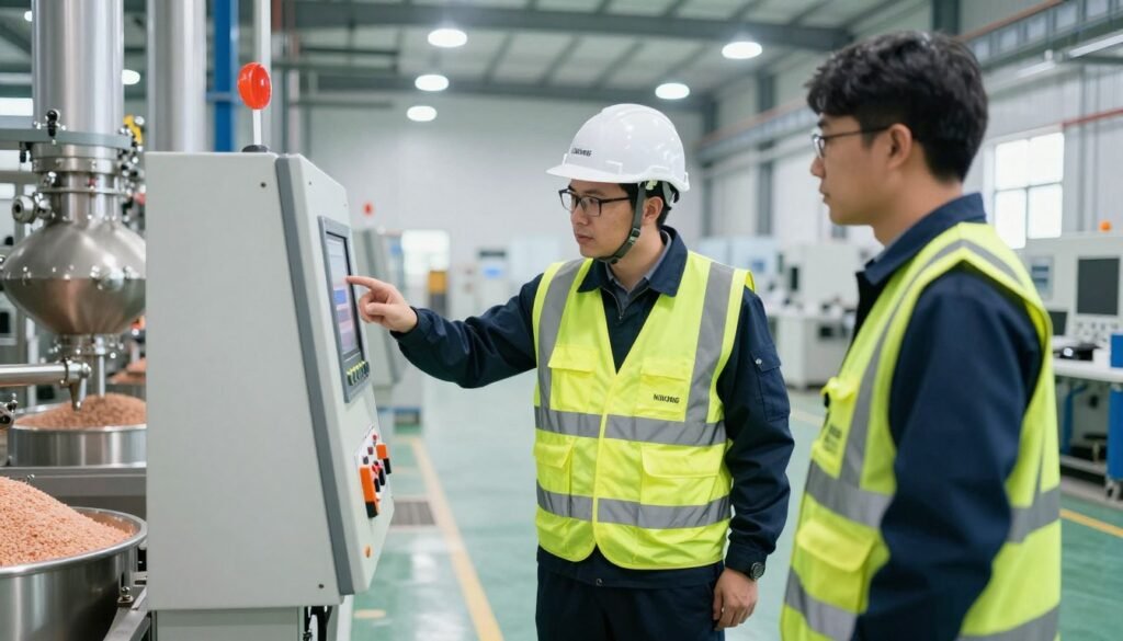 Engineer training UK facility operators on fish feed pellet production line operation