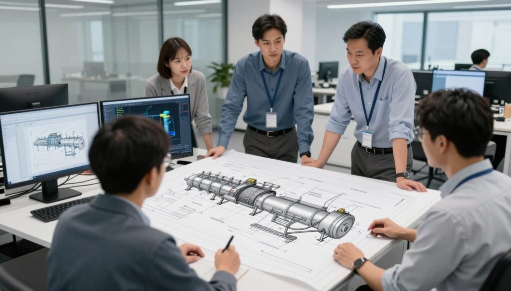 Engineering team reviewing custom biomass pellet production line designs