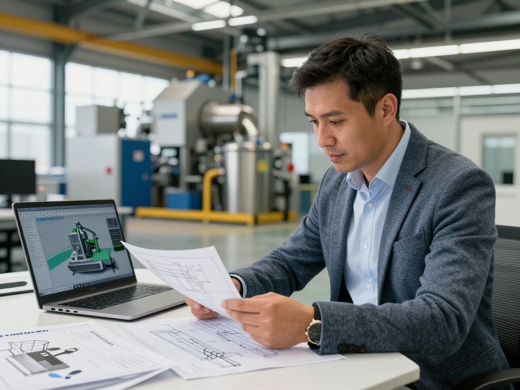 Factory manager reviewing expansion plans with technical drawings