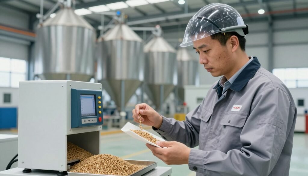 Feed production facility manager inspecting pellet quality output samples Feed production facility manager inspecting pellet quality output samples