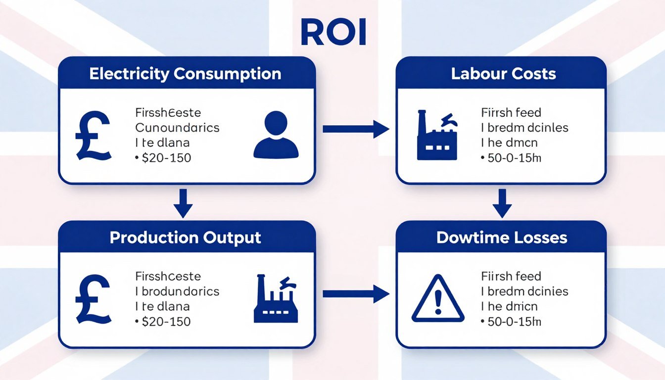 Fish feed pellet production line ROI calculation framework showing four cost factors on a flowchart with UK currency symbols