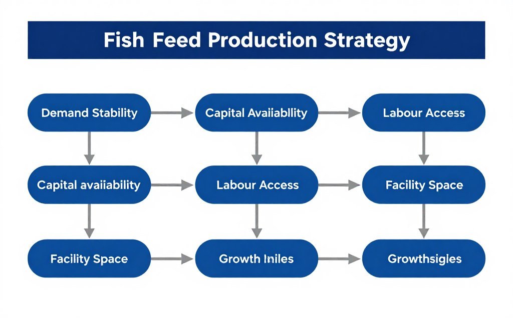 Fish feed production expansion decision flowchart