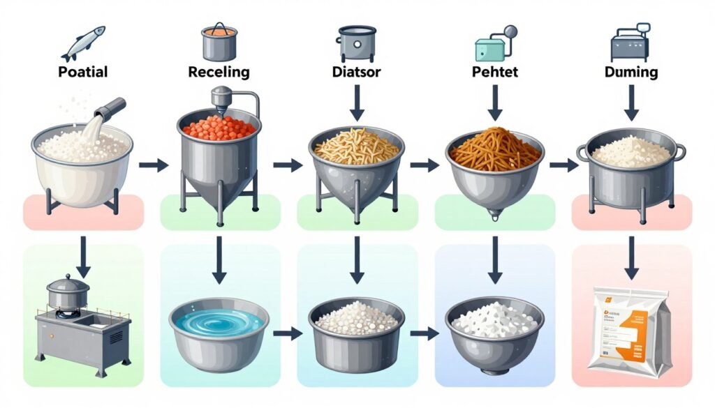 Fish feed production process flow diagram from raw materials to packaged product