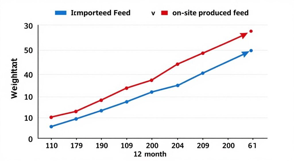 Fish growth rate improvement comparison chart with on-site feed production Fish growth rate improvement comparison chart with on-site feed production