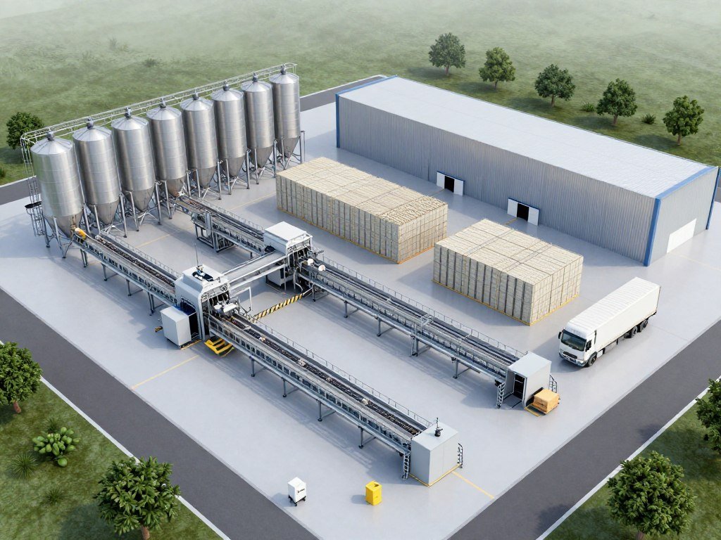 Full three-line fish feed production facility at maximum capacity