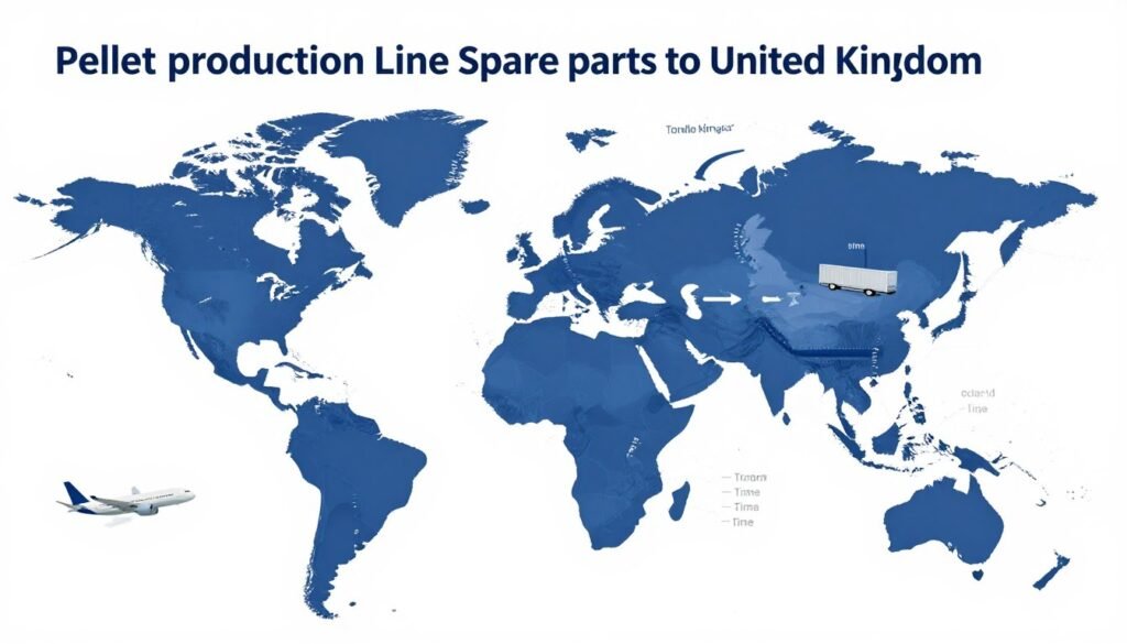 Global supply chain map showing pellet production line parts routes to UK