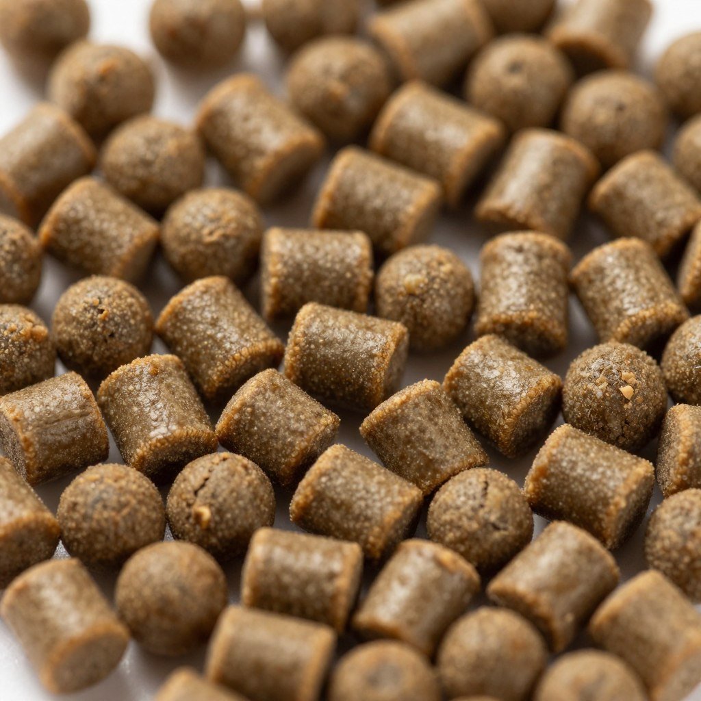 High-quality fish feed pellets showing uniform size and durability