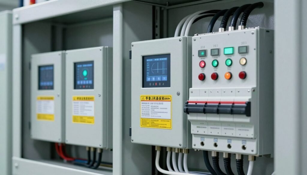 Industrial electrical control panel for fish feed pellet production line showing energy monitoring systems