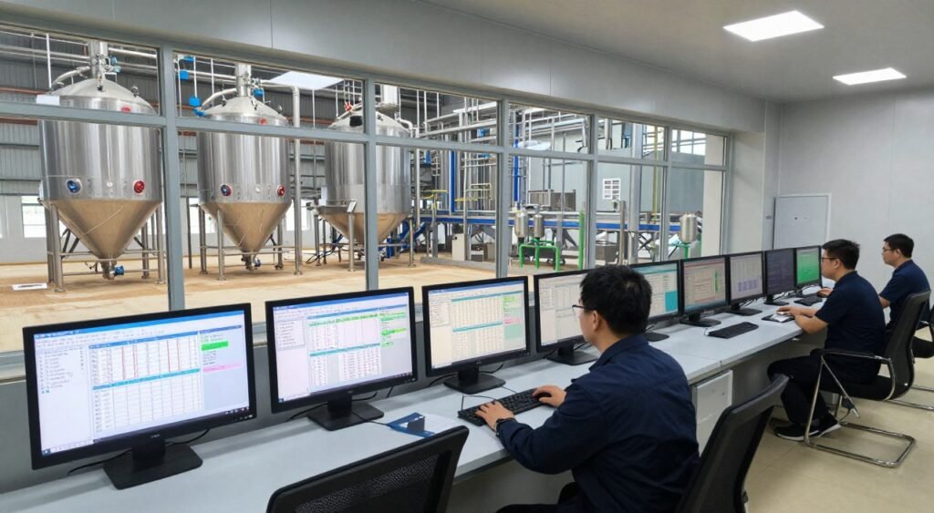 Large-scale automated fish feed production facility control room Large-scale automated fish feed production facility control room