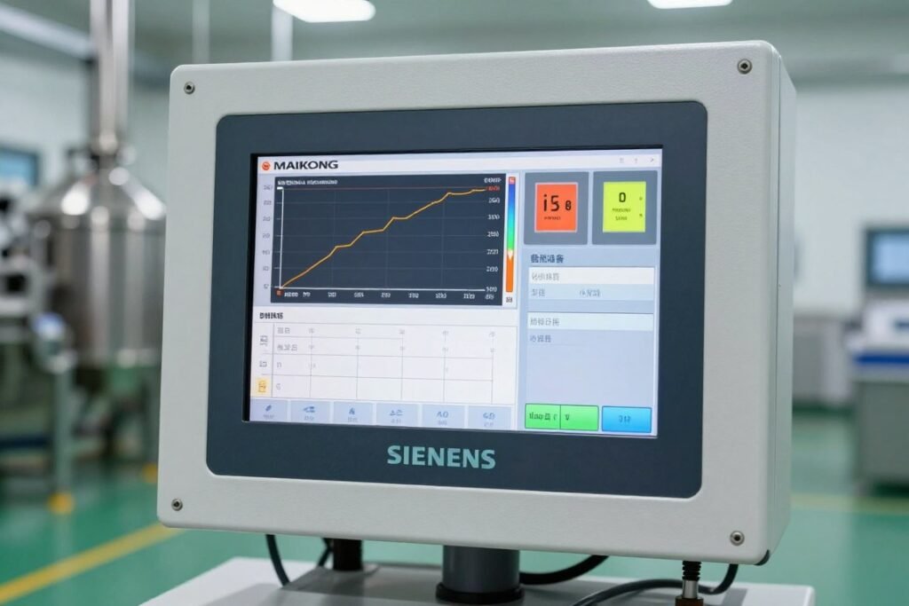 MAIKONG production line control panel showing HMI touchscreen interface