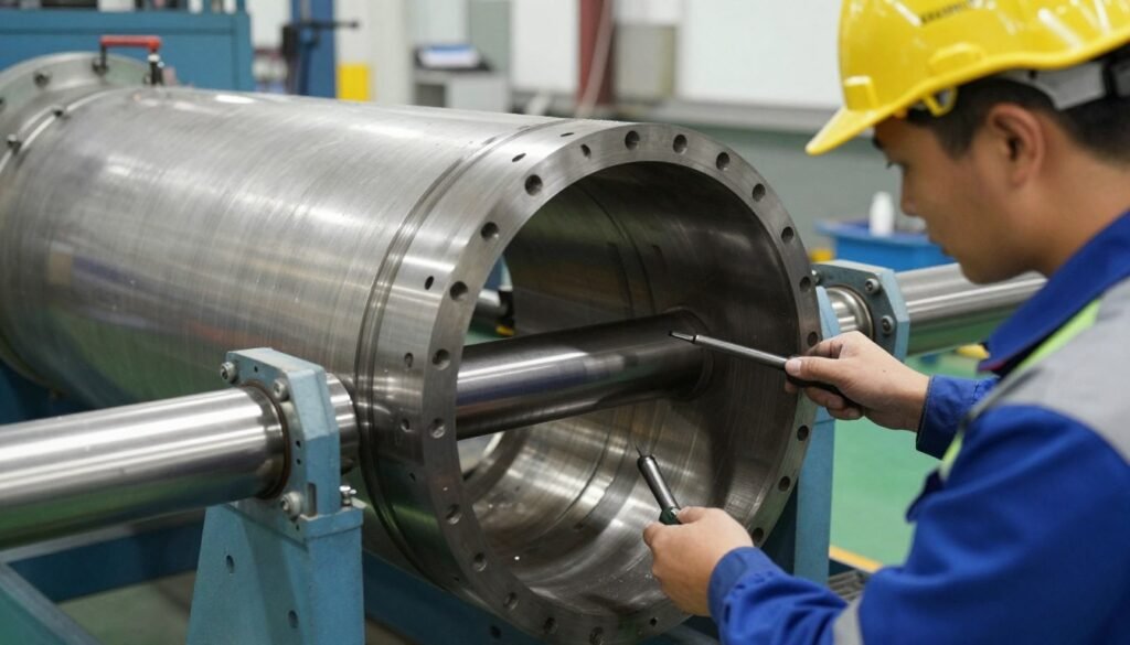 Maintenance technician inspecting fish feed pellet mill die and rollers Maintenance technician inspecting fish feed pellet mill die and rollers