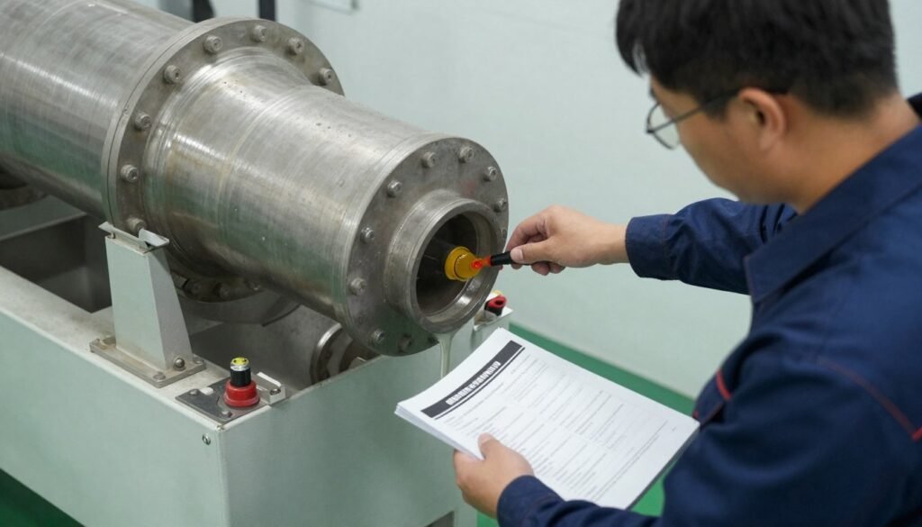 Maintenance technician performing routine service on pellet mill