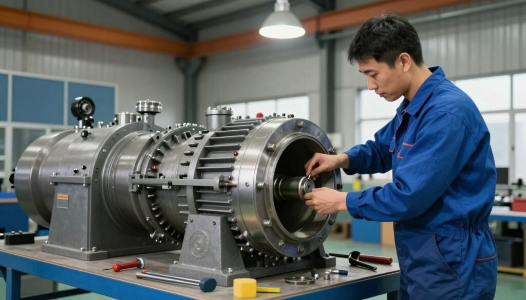 Maintenance technician servicing biomass pellet mill gearbox