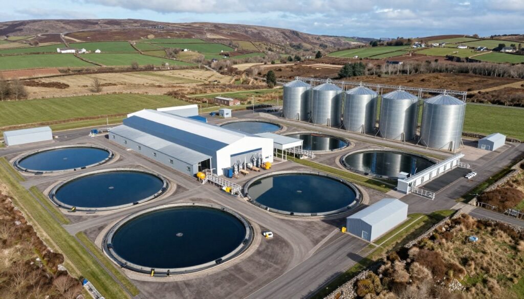 Modern UK aquaculture facility with on-site fish feed production capability Modern UK aquaculture facility with on-site fish feed production capability