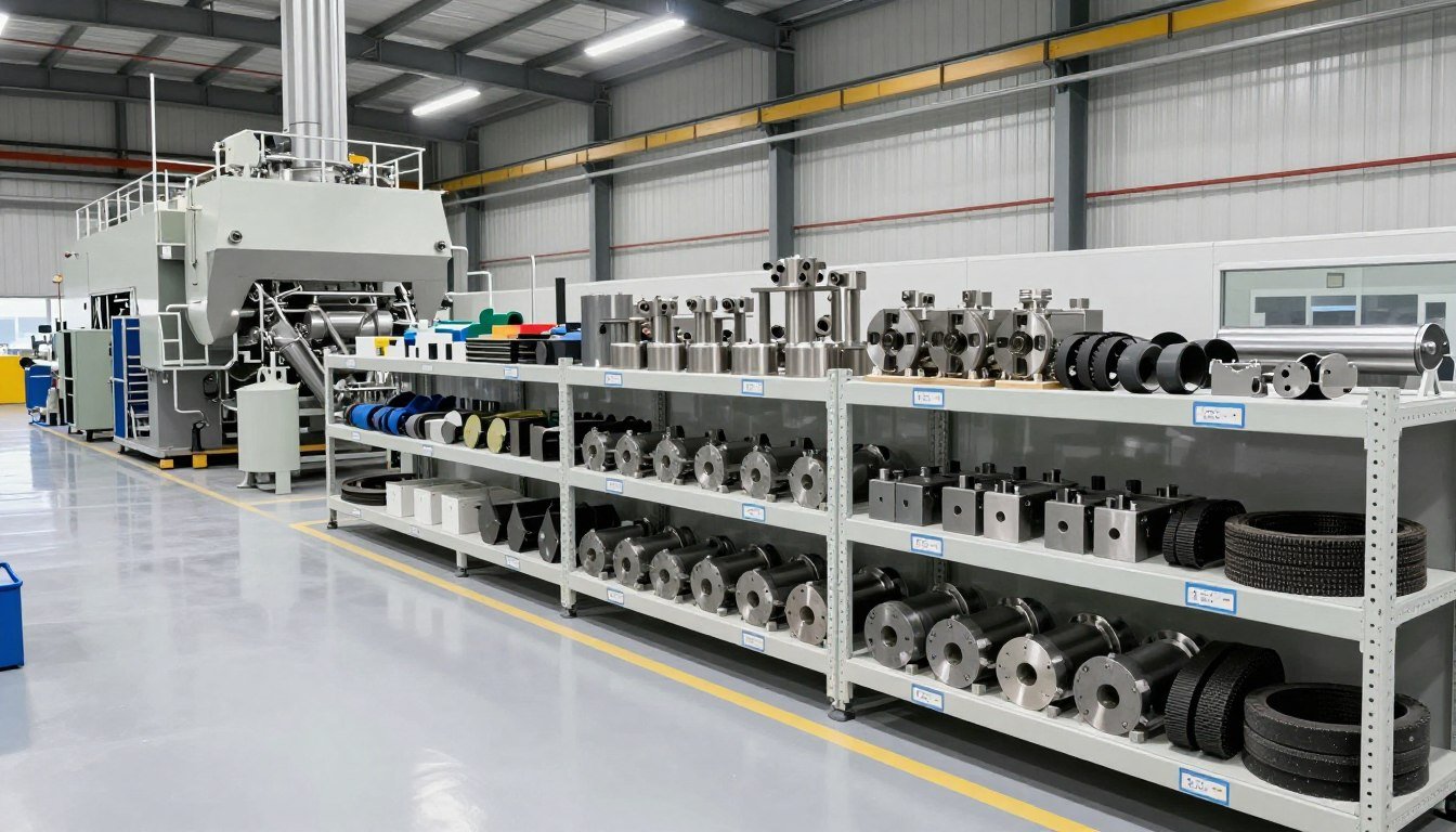 Modern pellet production line facility in Britain showing organized spare parts storage area