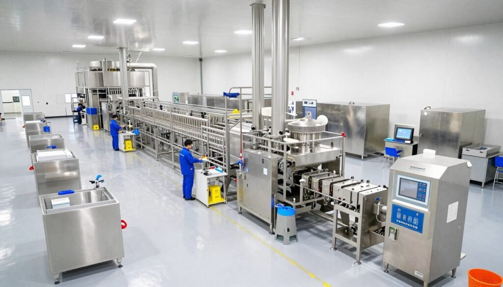 Modern shrimp feed production facility showing complete operational MAIKONG production line Modern shrimp feed production facility showing complete operational MAIKONG production line