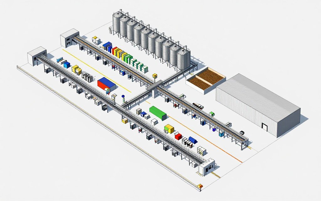 Modular fish feed pellet production layout showing multiple parallel production lines