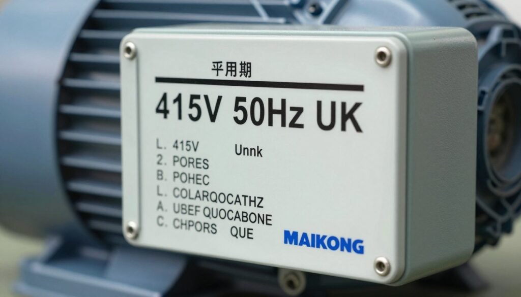 Motor nameplate showing UK voltage specifications