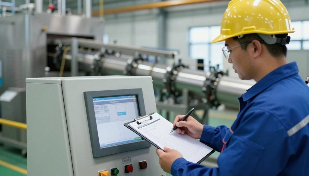 Operator performing proper startup sequence on fish feed pellet production line control panel