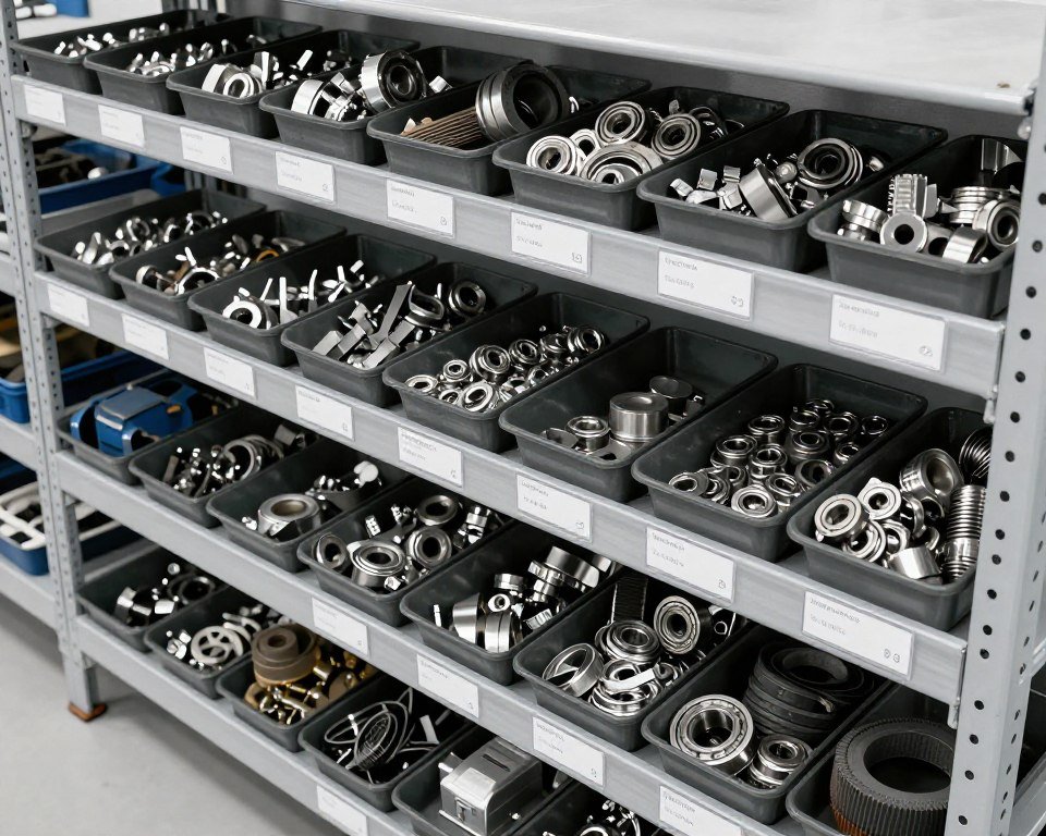 Organized spare parts storage with labeled components