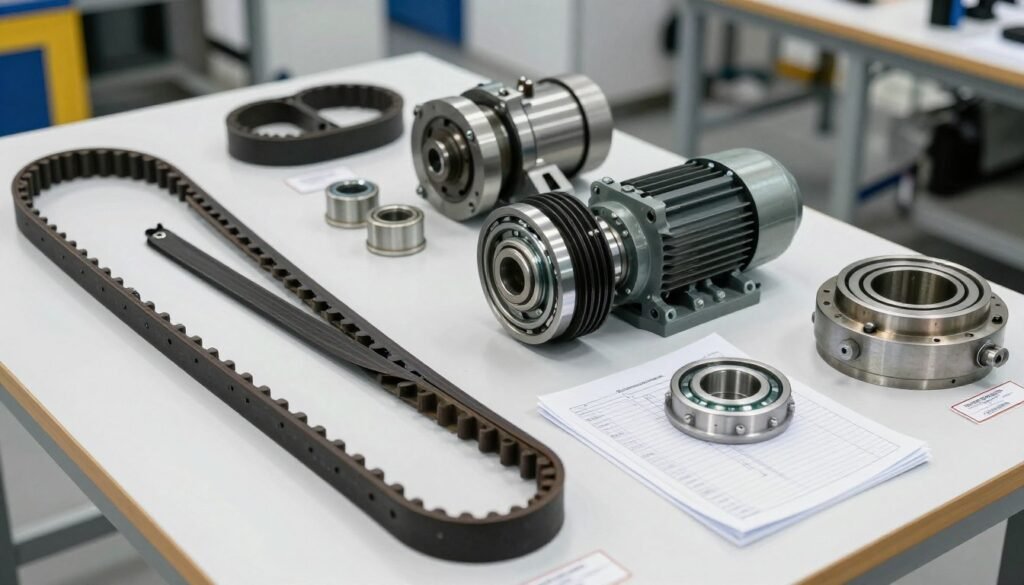 Pellet mill drive system components laid out for inspection