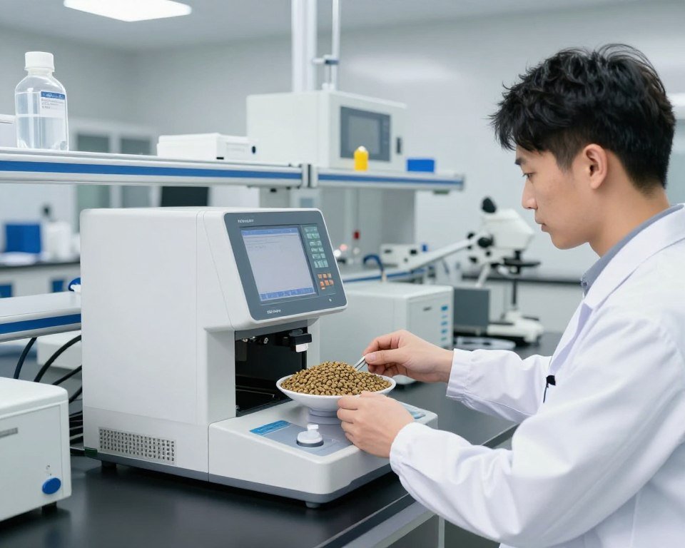 Quality control laboratory testing fish feed pellets for consistency and nutrition