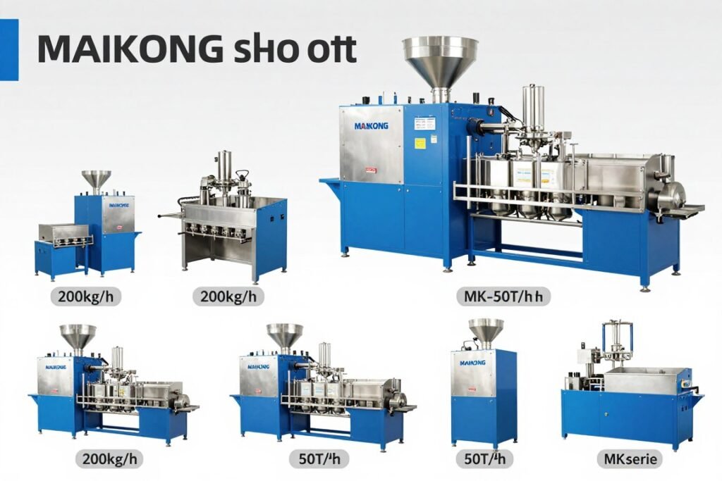 Range of MAIKONG pellet production equipment models displayed