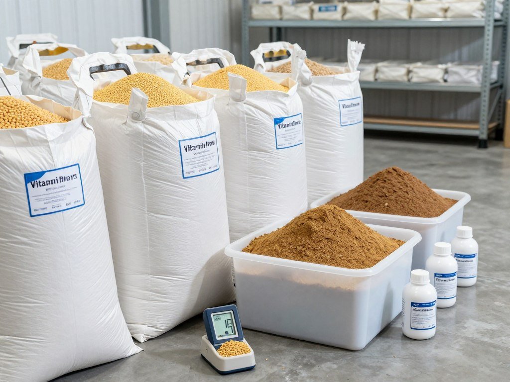 Raw materials for fish feed including fish meal, soybean meal, and vitamin premix in storage containers Raw materials for fish feed including fish meal, soybean meal, and vitamin premix in storage containers