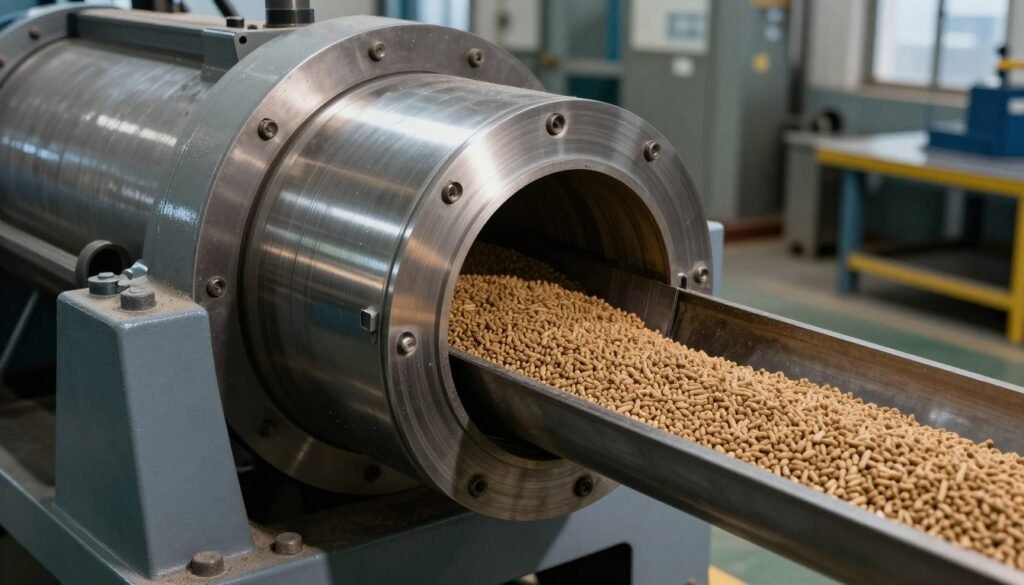 Ring die pellet mill showing die and roller assembly