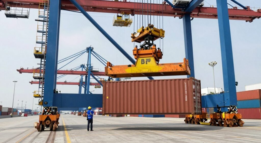 Shipping container being loaded with feed production equipment